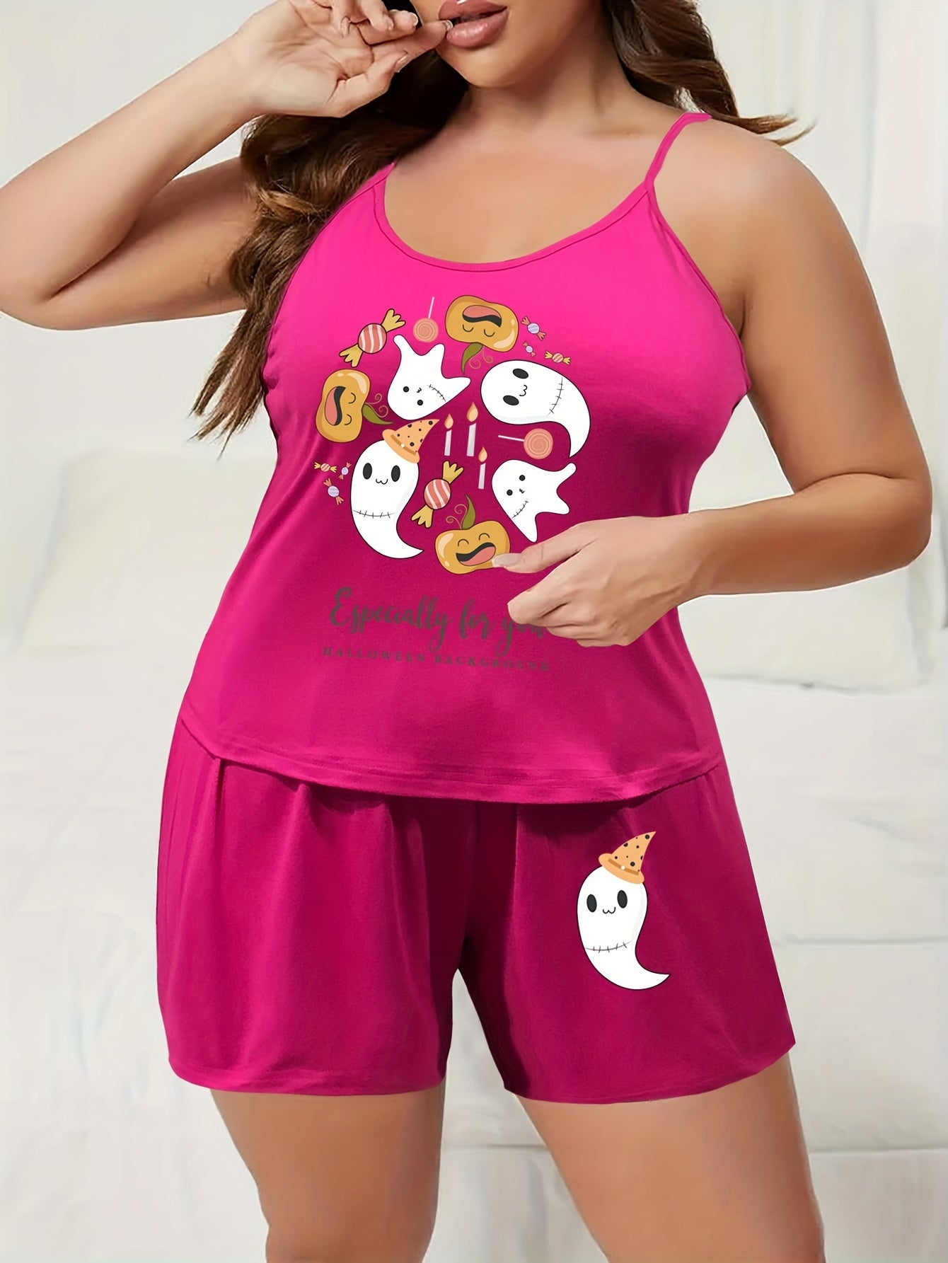 Ghost & Candy Print Pajama Set Women's High Stretch Cami Top & Shorts