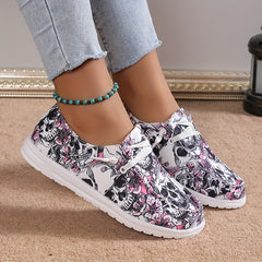 Women's Skull & Flower Print Canvas Shoes Casual Lace Up Outdoor Shoes