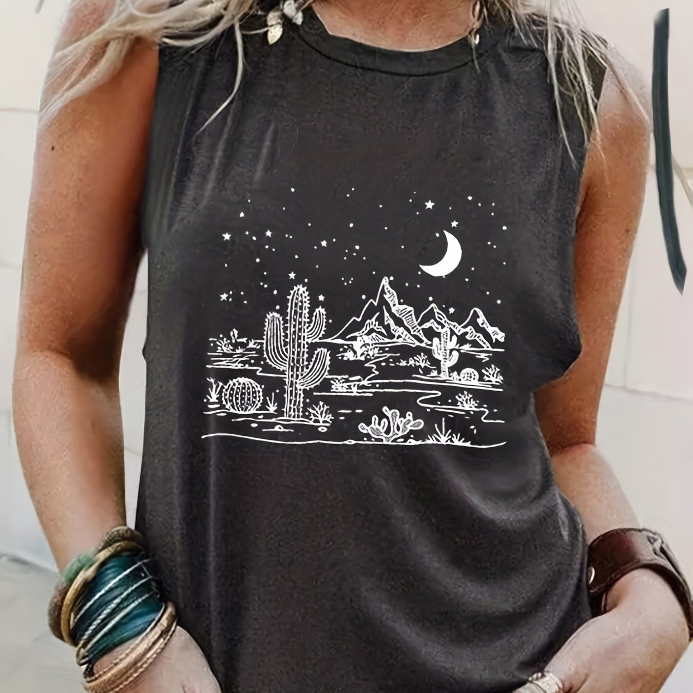 Graphic Print Tank Top Crew Neck Summer Sleeveless