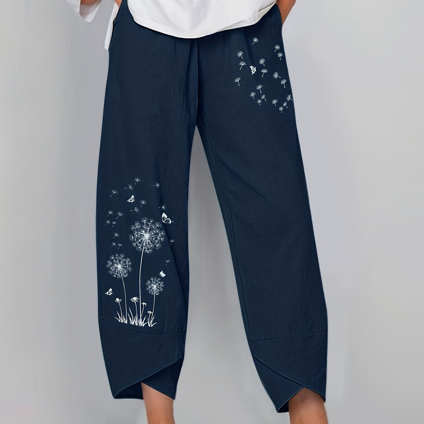 Dandelion & Butterfly Print Pants Casual Loose Elastic Waist Pants