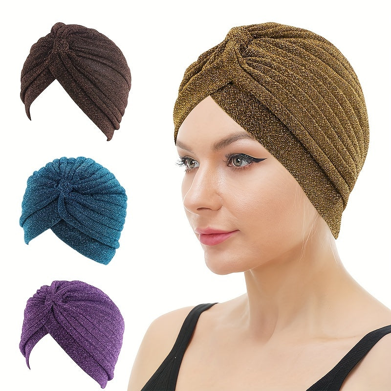 Glitter Pleated Turban Caps Elastic Beanie Chemo Hats