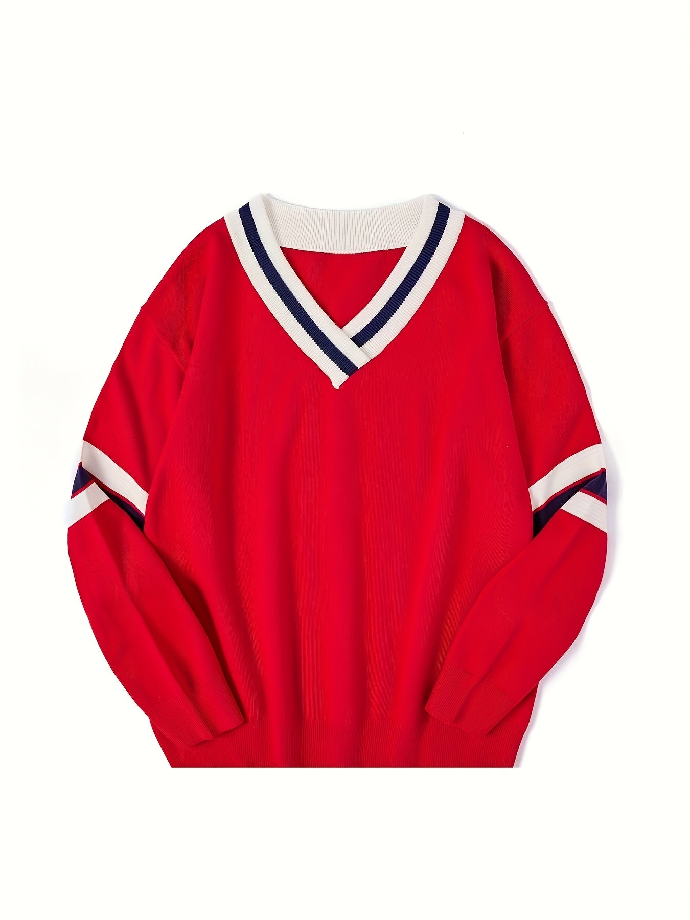 V Neck Block Pullover Sweater for Women