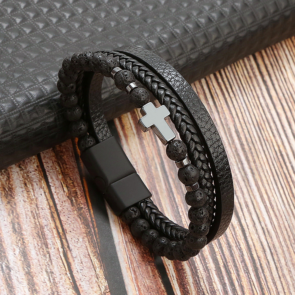 Men's Stone Stainless Steel Leather Cross Bracelet