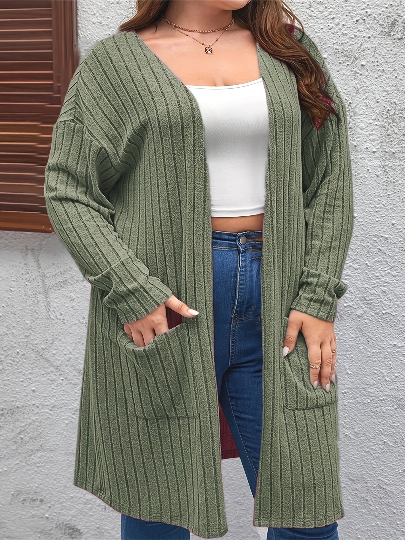 Solid Ribbed Long Sleeve Cardigan with Pockets