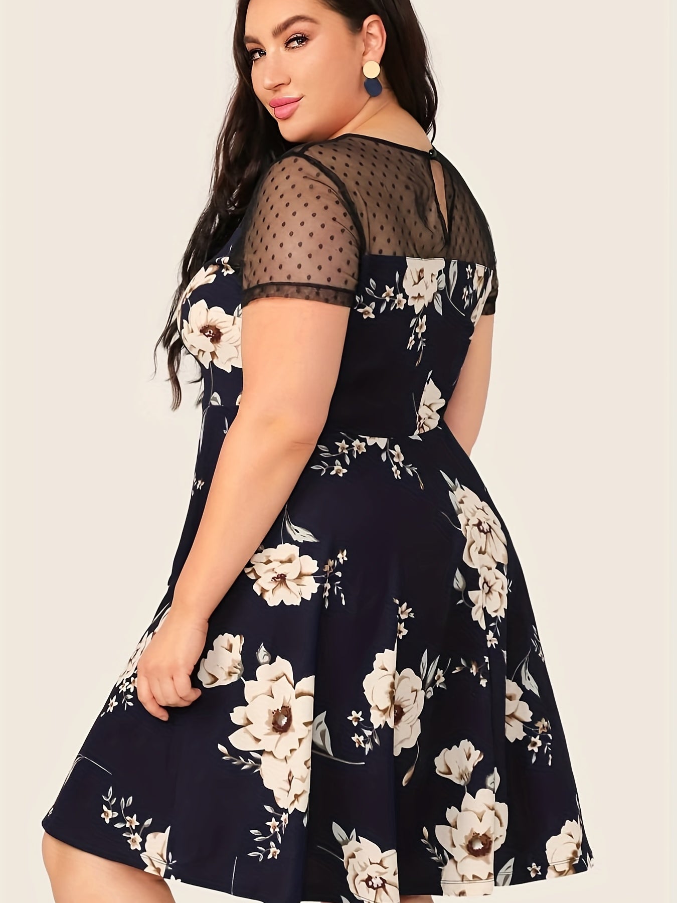 Floral Print Mesh Dress Plus Size Semi Sheer Contrast Casual Dress