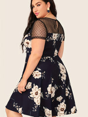 Floral Print Mesh Dress Plus Size Semi Sheer Contrast Casual Dress