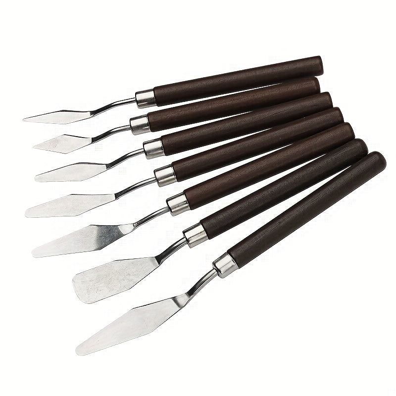 7pcs Stainless Steel Mixing Scrapers Art Spatula Wood Handle Watercolor Painting