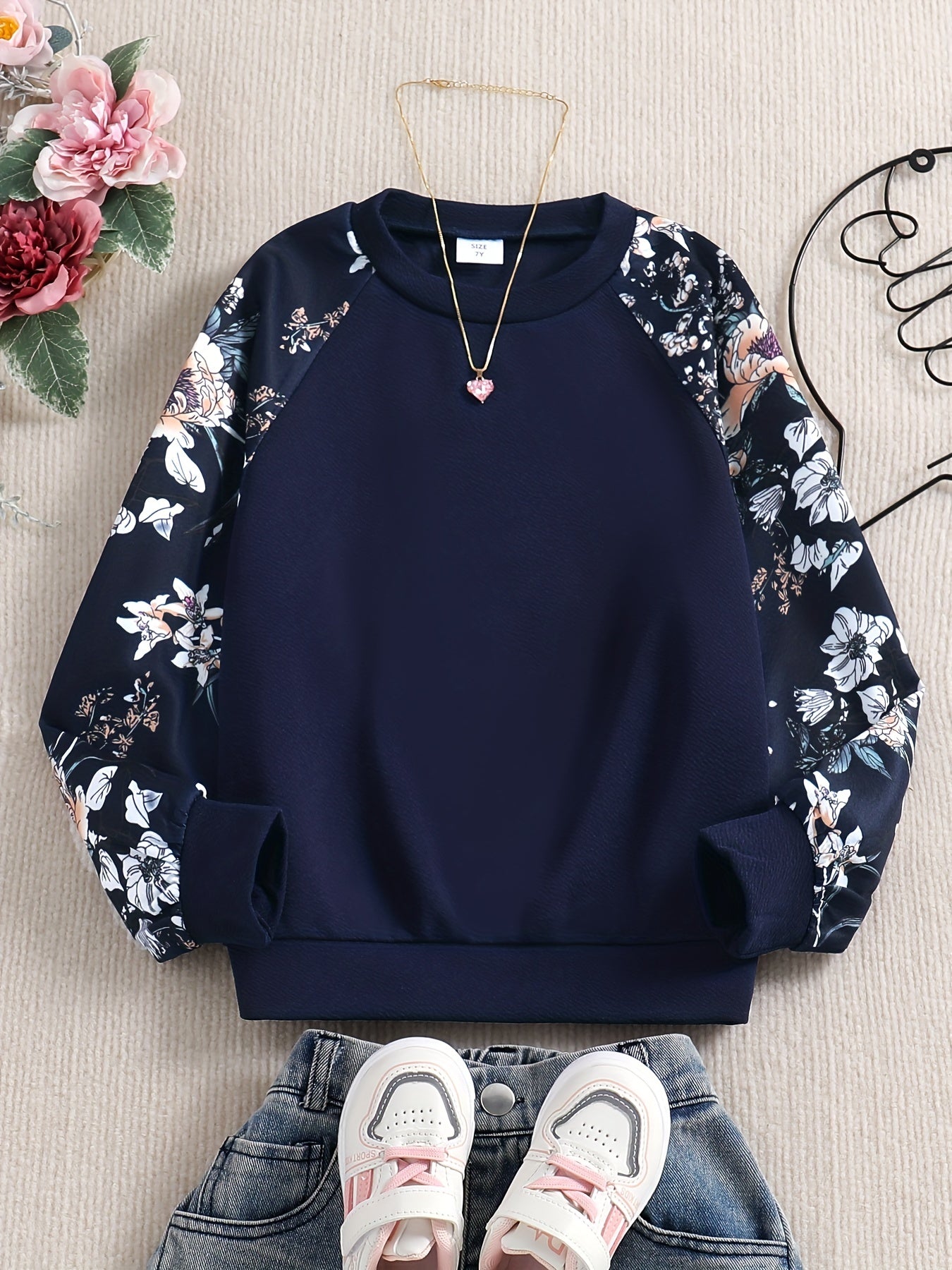Girls' Raglan Floral Print Casual Sweatshirt Top