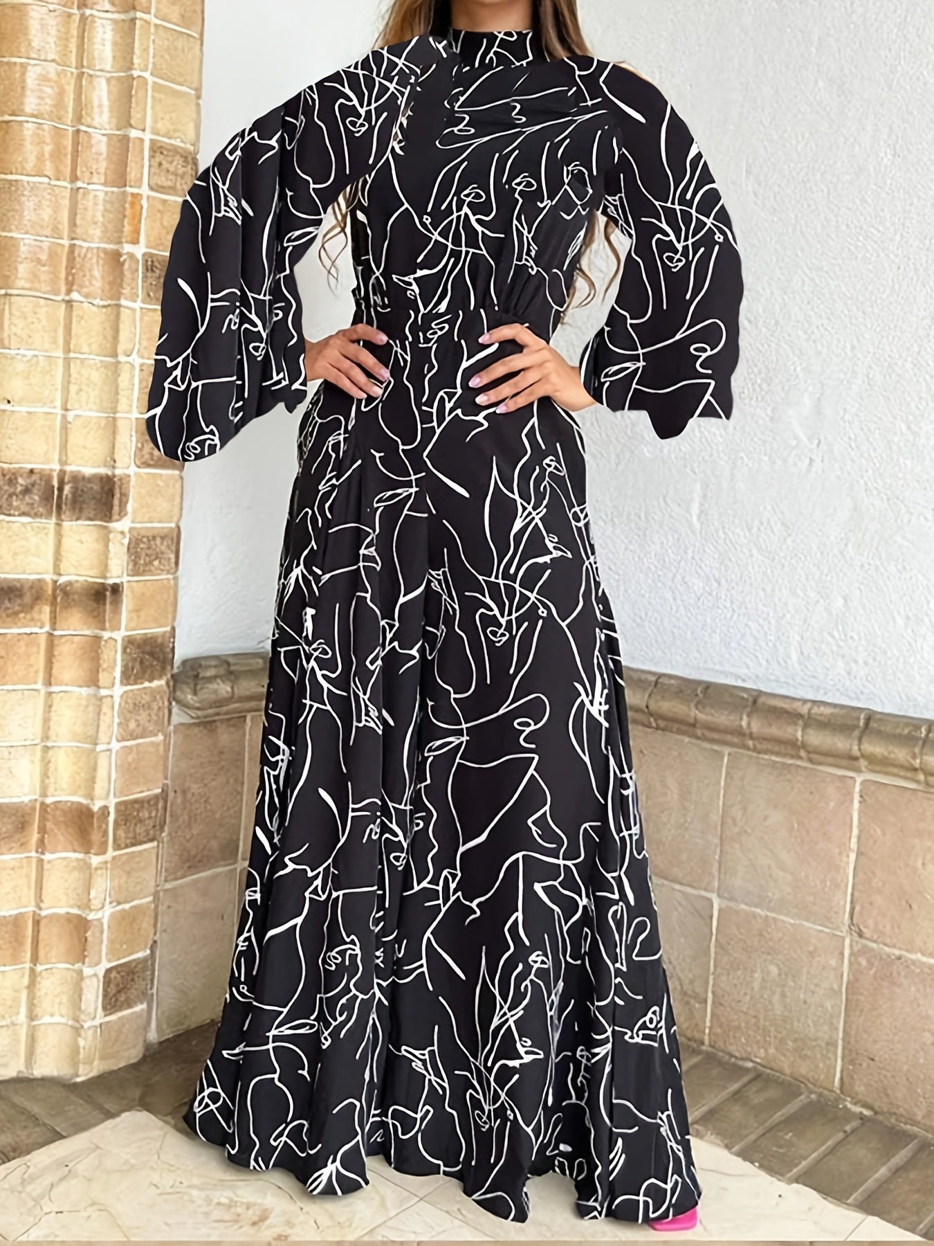Floral Print Belt Halter Jumpsuit Long Sleeve Waist Tie Summer Jumpsuit