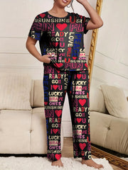Heart & Letter Print Pajama Set Short Sleeve T-shirt & Pants