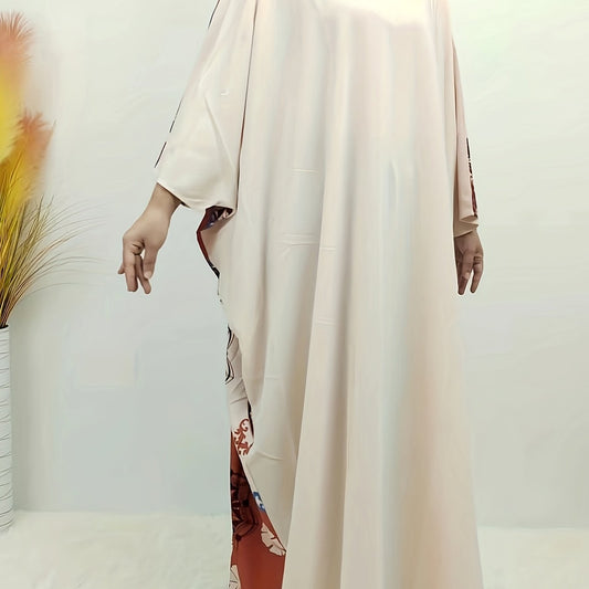 Floral Print Kaftan Dress Colorblock Bat Sleeve Maxi Dress