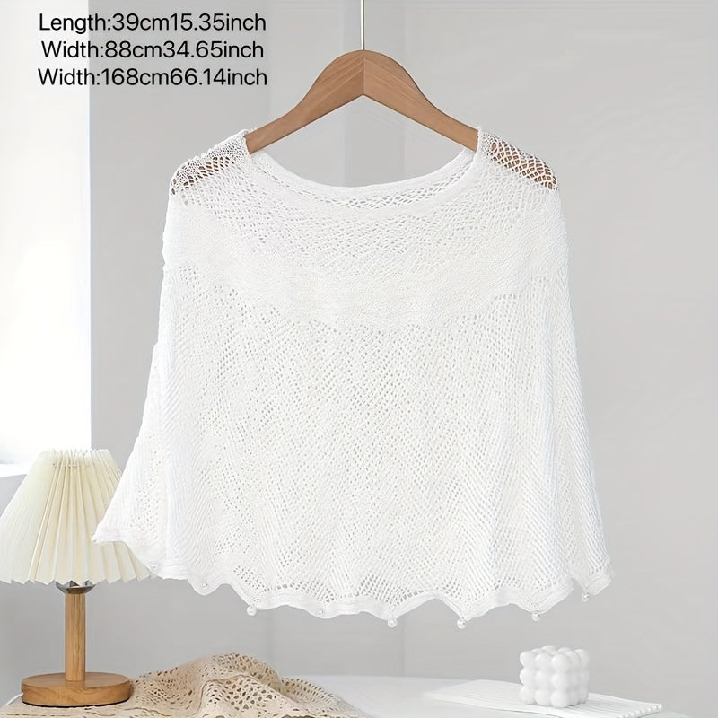 Faux Pearl Decor Shawl Solid Knitted Warm Wraps Wavy Cape for Women