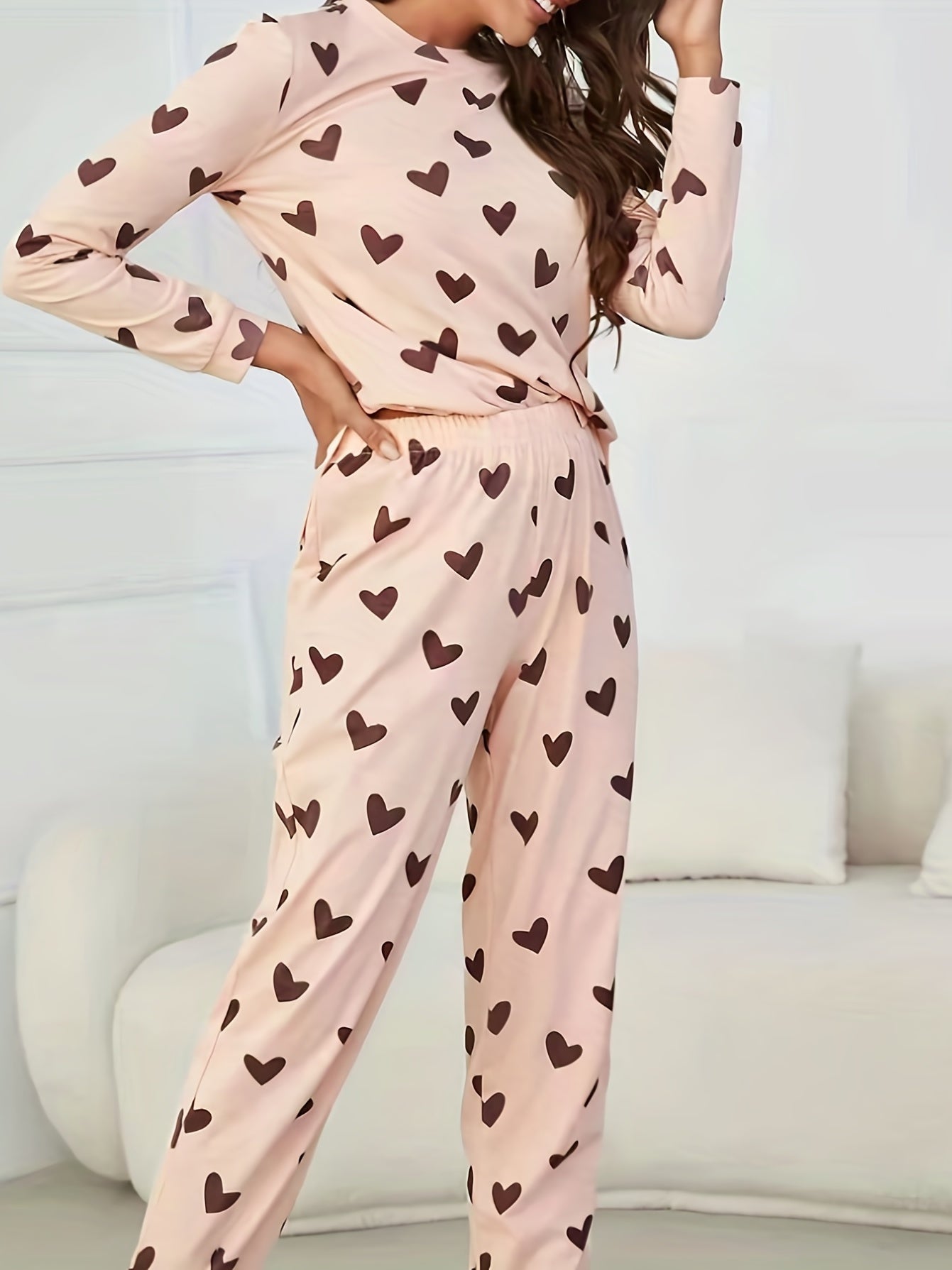 Heart Print Pajama Set Long Sleeve Top & Pants Women's Sleepwear