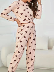 Heart Print Pajama Set Long Sleeve Top & Pants Women's Sleepwear