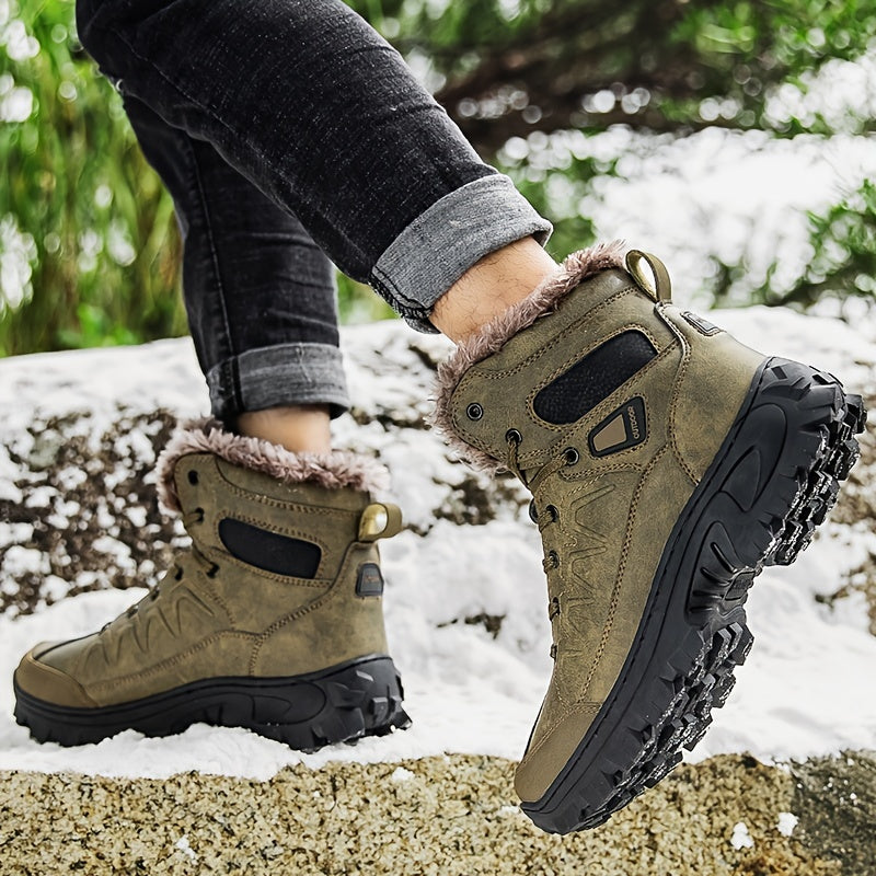 Men's Leather Snow Boots Warm Fleece Anti-Skid Hiking Winter Boots