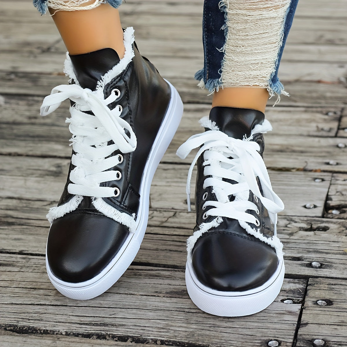 Women's Raw Trim High Lace up Canvas Shoes Round Toe Casual Walking Shoes