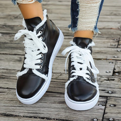 Women's Raw Trim High Lace up Canvas Shoes Round Toe Casual Walking Shoes