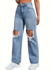 Women's Plus Solid Ripped High Rise Wide Leg Jeans