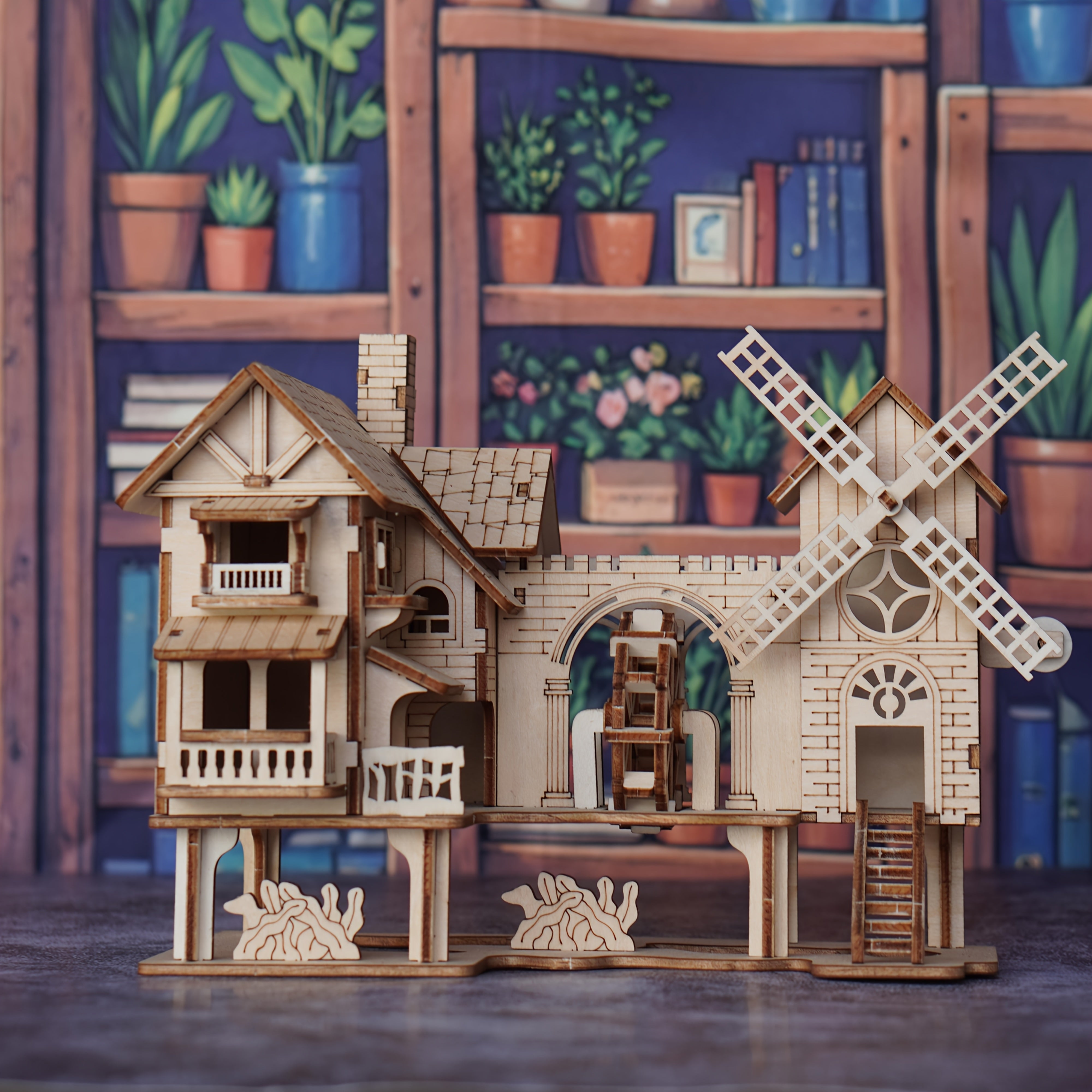 Wooden Puzzle Windmill House Model Kit DIY Puzzle Blocks Toy