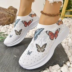 Women's Rhinestone Butterfly Print Running Sport Shoes Colorful Slip On Shoes