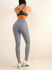 Checkerboard Print High Waist Sports Pants Butt Lifting Stretchy Workout Trouser