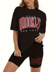 Women's Plus Size Letter Print Tee & Biker Shorts Set