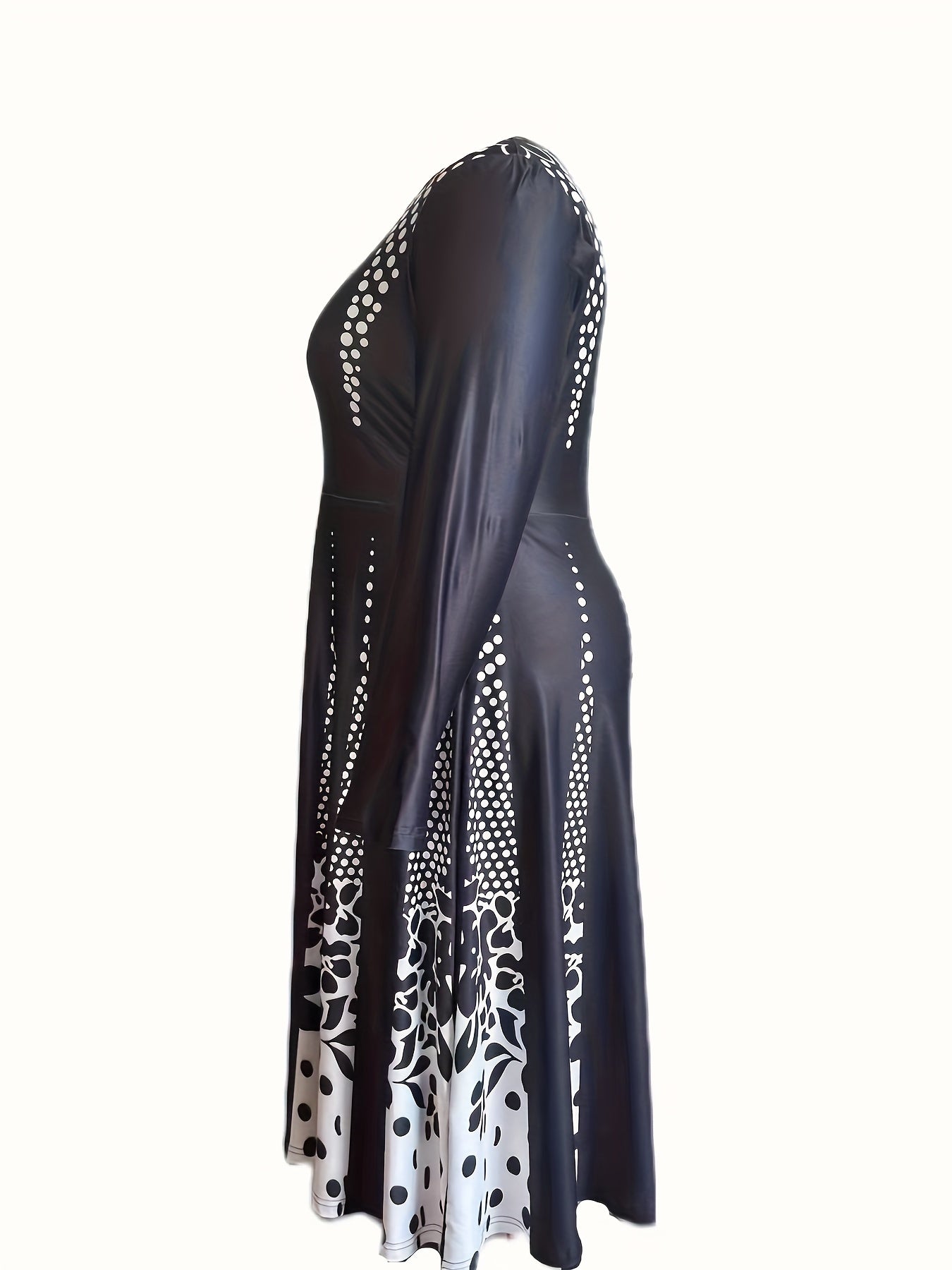 Colorblock Floral & Dot Print Long Sleeve Dress