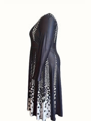 Colorblock Floral & Dot Print Long Sleeve Dress