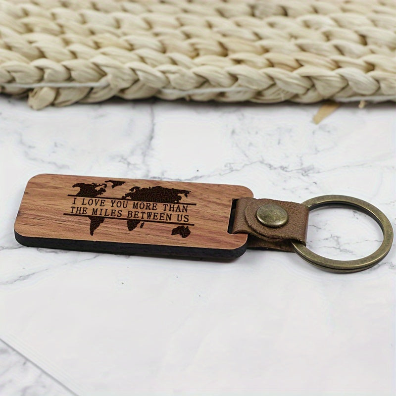 Rosewood Pure Wood Keychain Map Pattern PU Leather Retro Keyring