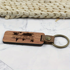 Rosewood Pure Wood Keychain Map Pattern PU Leather Retro Keyring