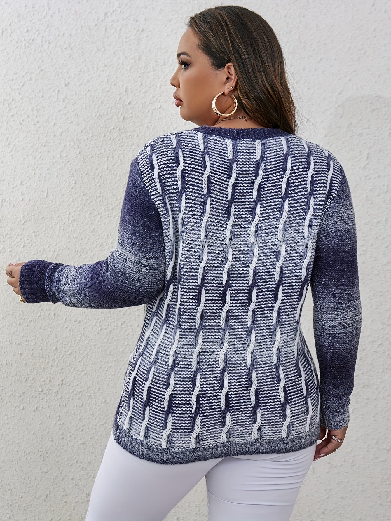 Women's Plus Ribbed Knit V-Neck Sweater Long Sleeve Pullover Jumper