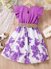 Toddler Girls Floral Flutter Sleeve Belted Princess Dress