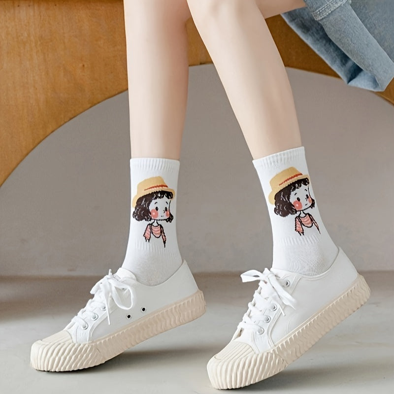 5 Pairs Cartoon Print Socks Comfy Mid Tube Stockings & Hosiery