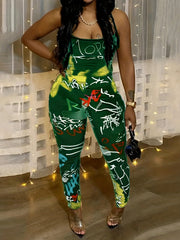 Casual Jumpsuit Women's Graffiti Print Round Neck Slim Fit C