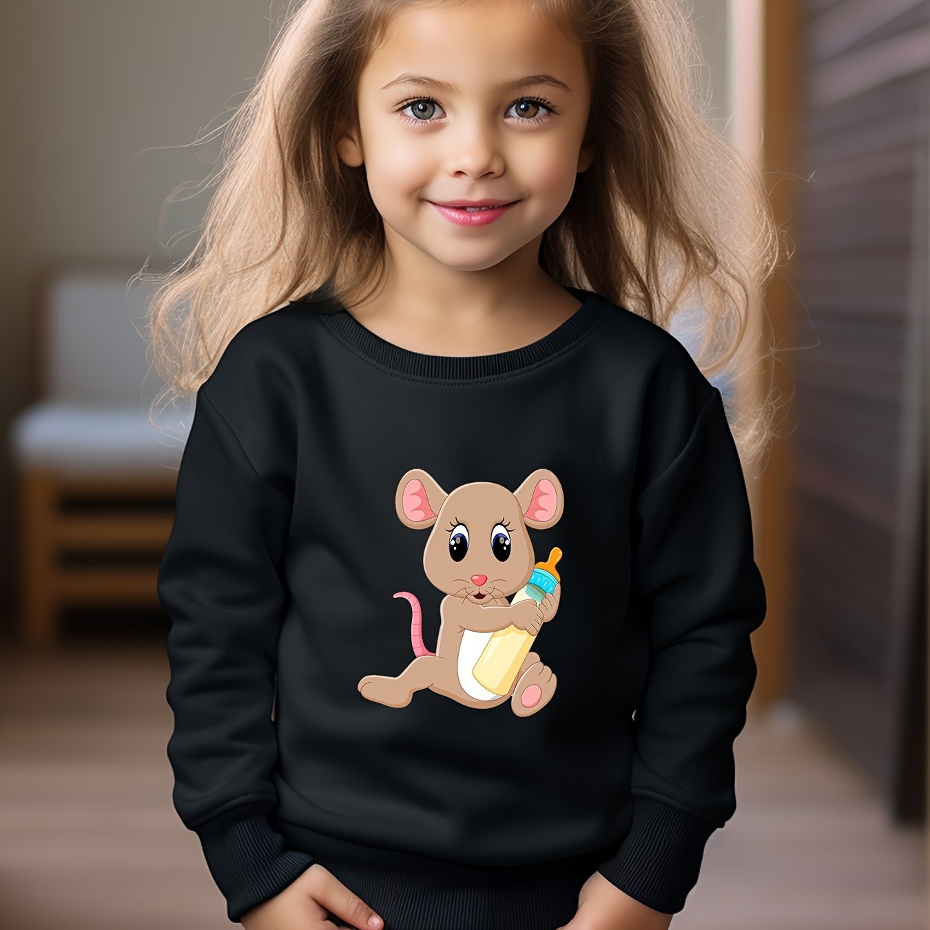 Cartoon Mouse Pattern Crew Neck Long Sleeve Sweatshirt For Girls Kids
