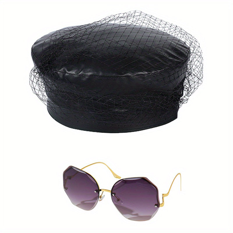 2pcs Beret Sunglasses Set PU Leather Beret UV Protection Sunglasses