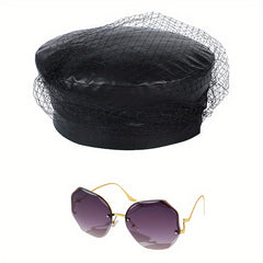 2pcs Beret Sunglasses Set PU Leather Beret UV Protection Sunglasses