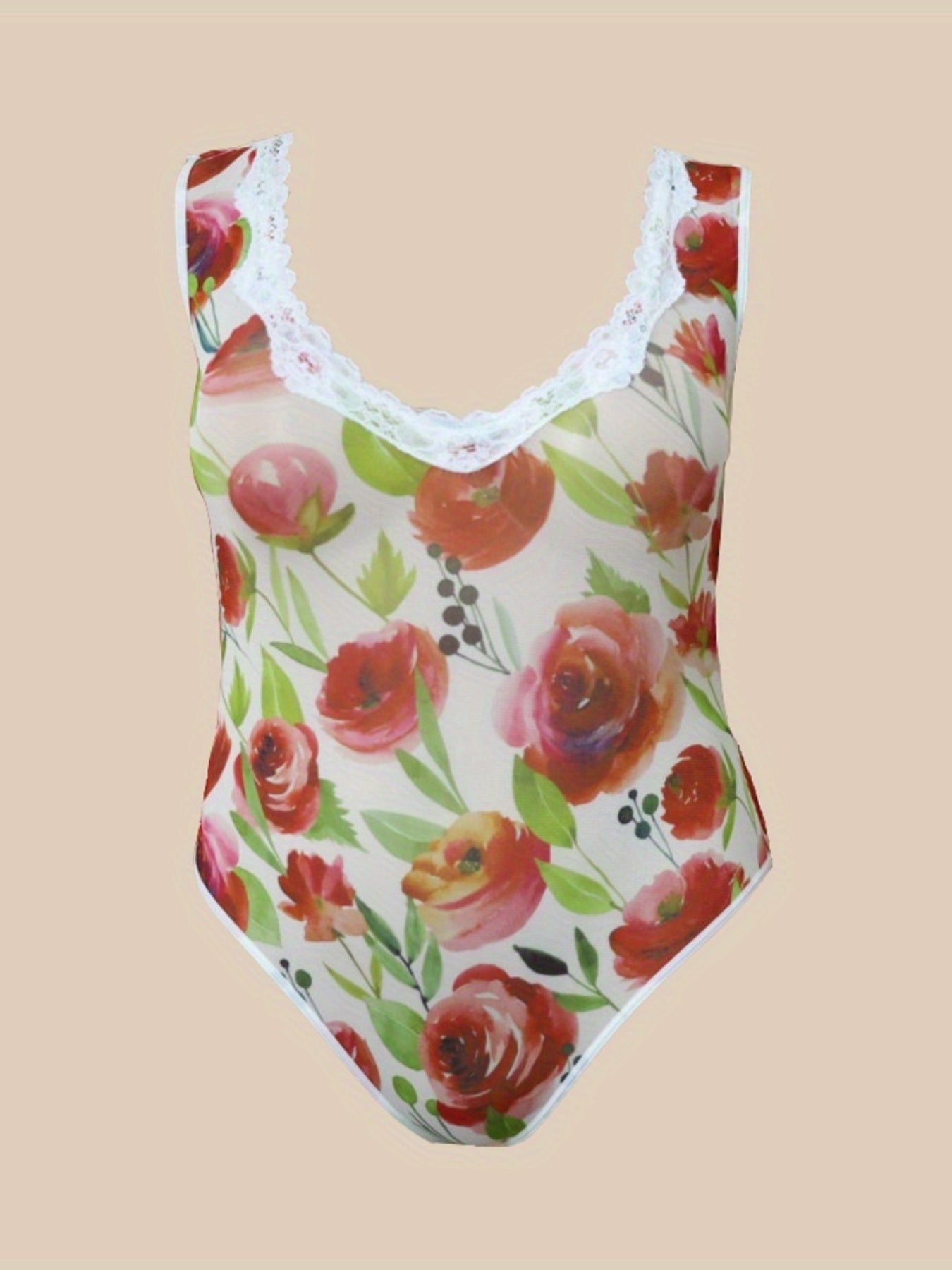 Rose Print Contrast Lace Trim Sheer Bodysuit
