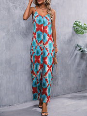 Geometric Print Wide Leg Spaghetti Jumpsuit Backless