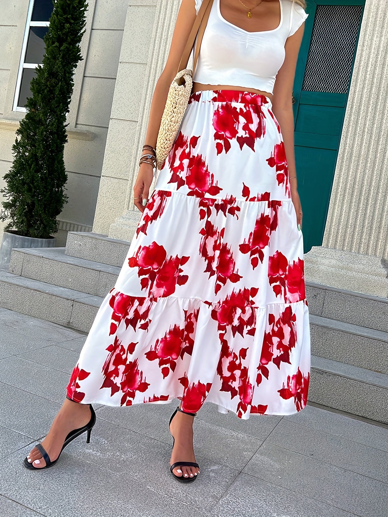 Floral Print Elastic Waist Long Skirt for Women