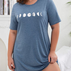 Women's Plus Moon Print Round Neck Short Sleeve Sleep Tee Dress