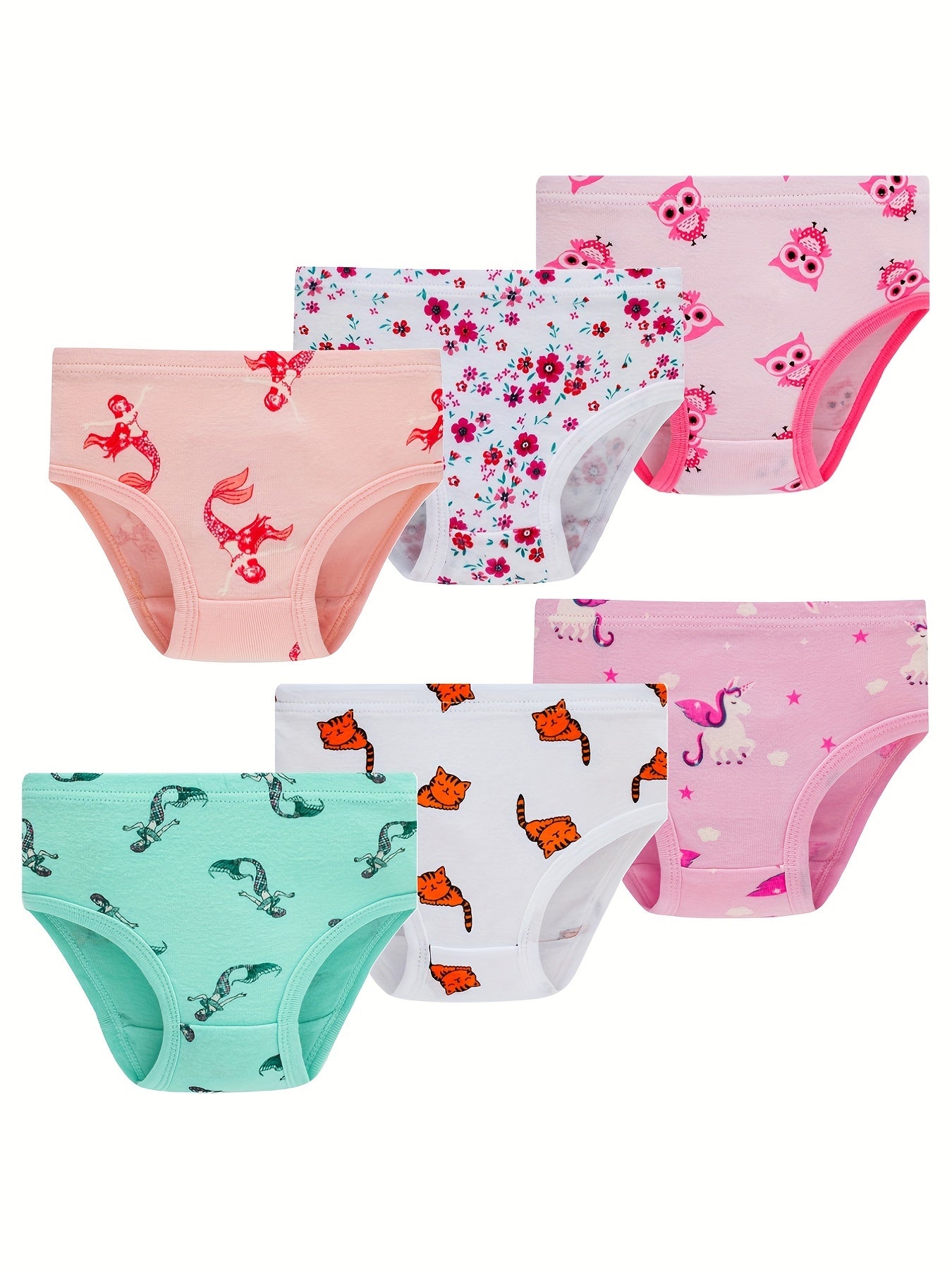 6pcs Girls Triangle Panties Cartoon Fruits Animals Print Elastic Waist Underwear