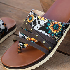 Women's Sunflower & Cow Print Thong Sandals Comfort Non slip Slip on Platform