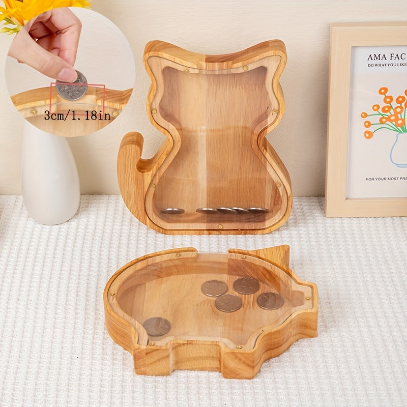 Wooden Coin Storage Jar Love Heart Kitten Gift Savings Wood Crafts Ornaments