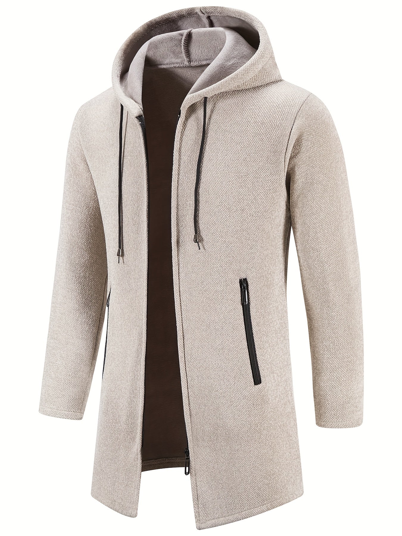 Men's Mid-Length Hooded Fleece Coat - Solid Zip-Up Cardigan