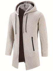 Men's Mid-Length Hooded Fleece Coat - Solid Zip-Up Cardigan