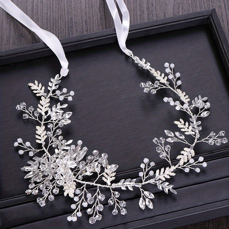 Leaf Shape Faux Pearl Head Piece Ribbon Bridal Hair Accessory