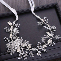 Leaf Shape Faux Pearl Head Piece Ribbon Bridal Hair Accessory