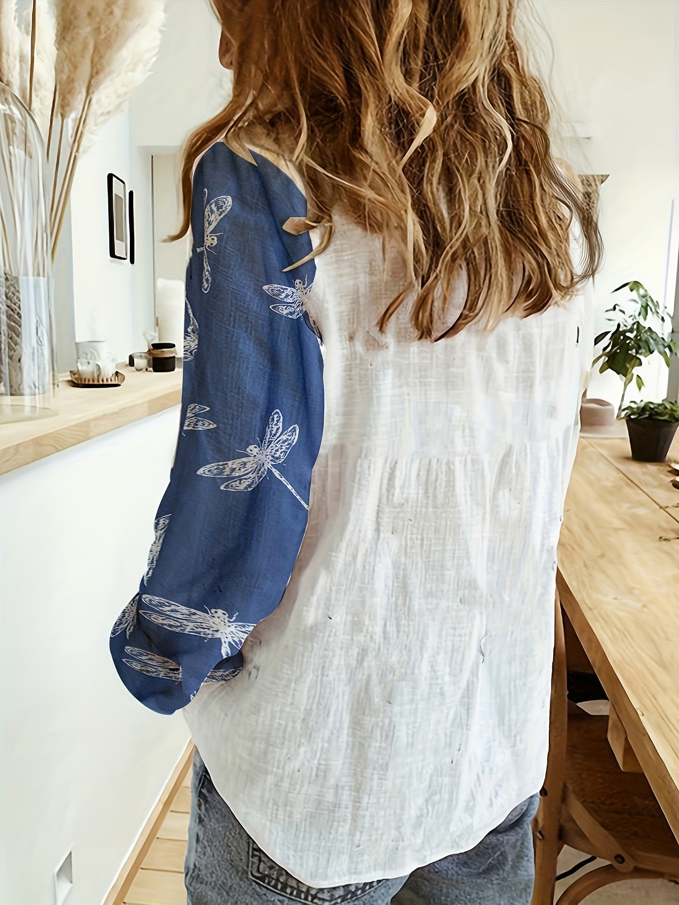Colorblock Dragonfly Print Button Up Long Sleeve Blouse