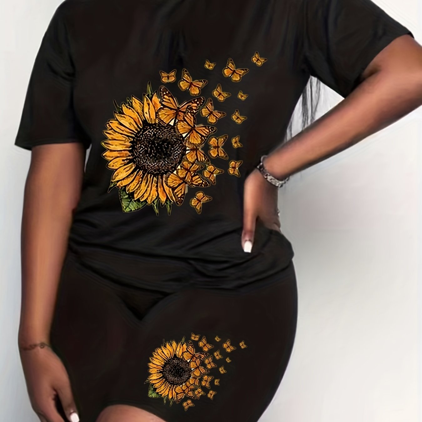 Sunflower & Butterfly Print Tee & Shorts Set